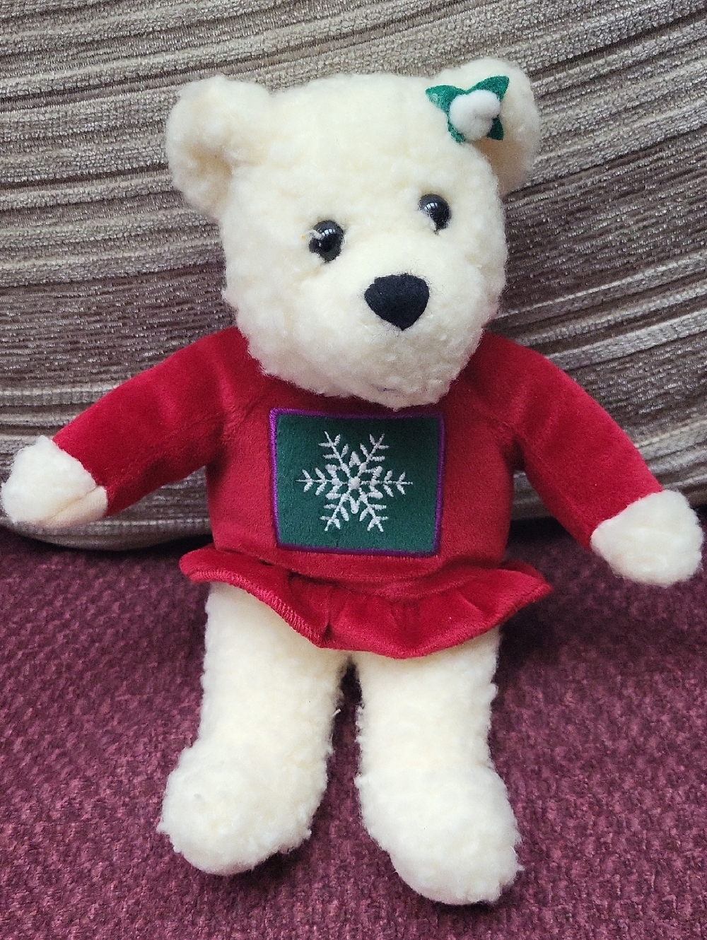 Vintage Hallmark Cream Plush Bear in Red Snowflake Dress